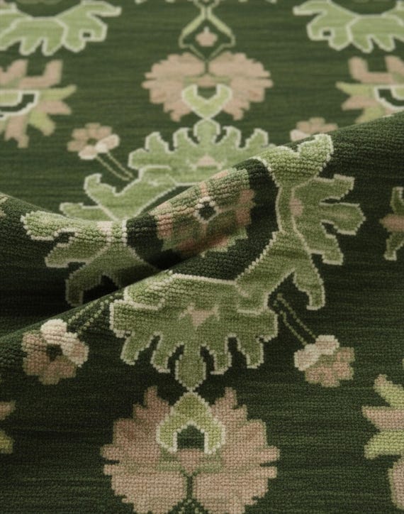 Olive Green Floral Medallion Oushak Rug, Hand Knotted Turkish Wool Rugs for Living Room