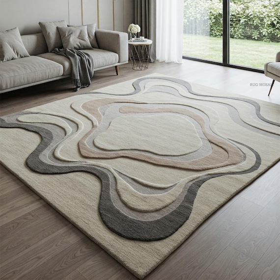Hand Tufted Cream, Gray, Beige Neutral Tones Layered Abstract Rug, Modern rugs for Bedroom, Living room 9x12 Area Carpets Contemporary Rug