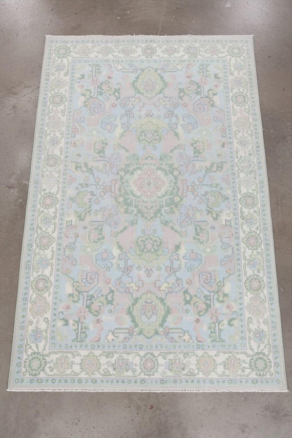 Pastel Blue Colorful Floral Oushak Rug, Traditional Hand Knotted Wool Area Rug For Bedroom, 5x8 6x9 8x10 Living Room Rug, Kitchen Runner Rug