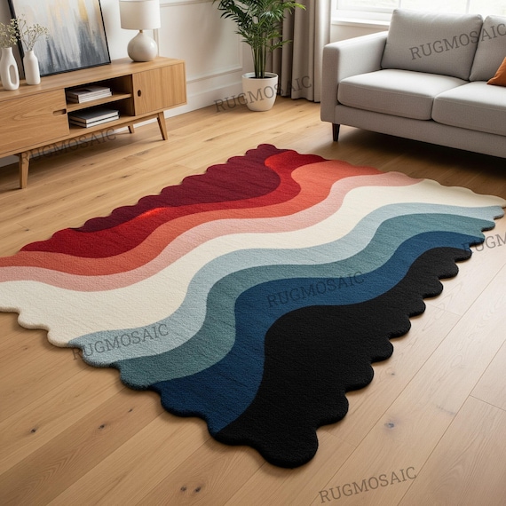 Multicolor Abstract Wave Design Scalloped Edge Hand Tufted Wool Area Rug Living Room, Modern Colorful Irregular Stripe Custom Bedroom Rugs