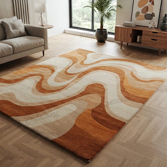 Warm Orange Off White Abstract Wavy Pattern Hand Tufted Custom Area Rug for Living Room, Modern Contemporary 8x10 Handmade Bedroom Wool Rugs