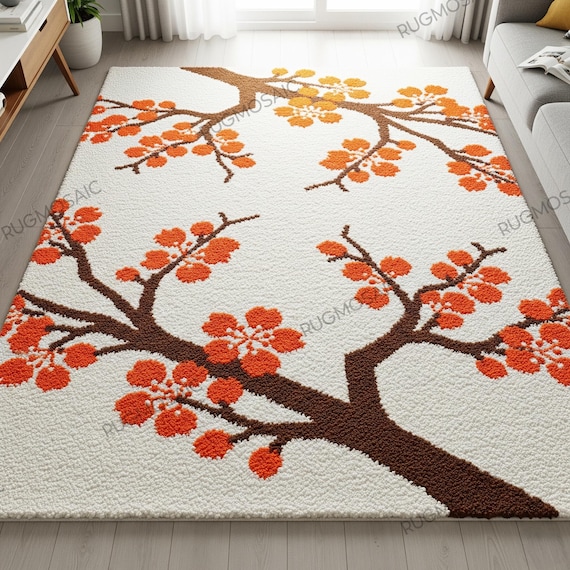 White Hand Tufted Floral Wool Rug, Orange Brown Cherry Blossom Rugs for Bedroom, Modern Contemporary Living Room Rugs, Soft Handmade Carpet