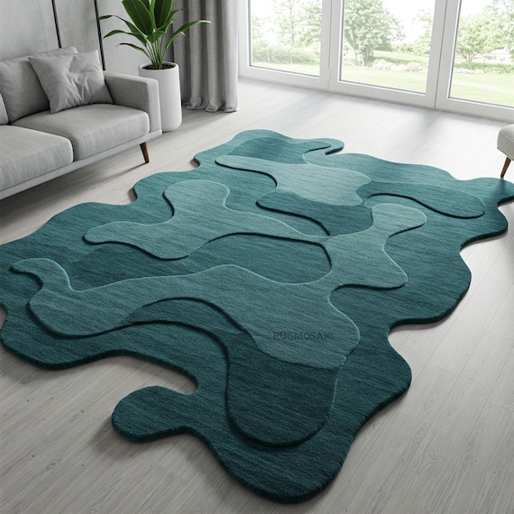 Abstract Teal Blue Irregular Shape Hand Tufted Low High Texture Wool Area Rug for Living Room, Modern Contemporary Melting 8x10 Bedroom Rugs