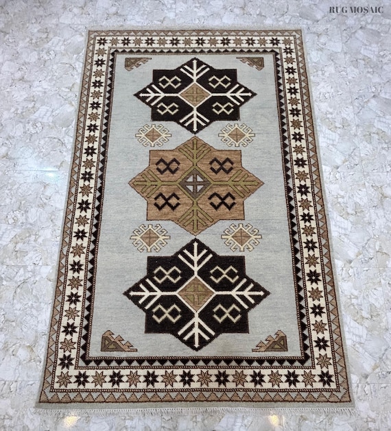 Hand Knotted Snowflake Geometric Rug Grey with Brown, Cream Accents Handmade Oriental Wool Rugs for Living room, Dining kitchen runner