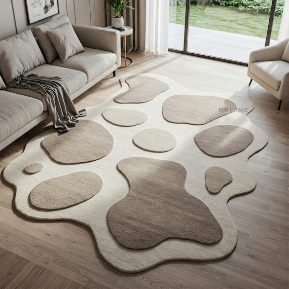 Neutral tones of beige and cream hand tufted modern abstract area rug for living room 5x7, 8x10, 9x12 irregular handmade textured wool rugs