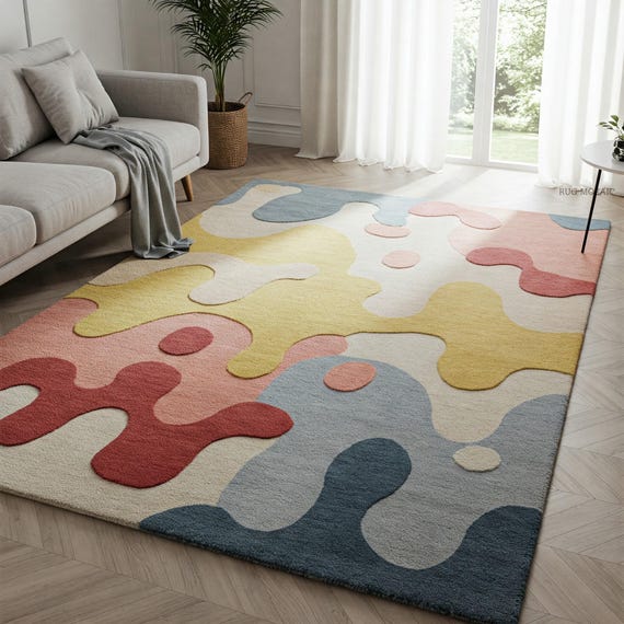 Pastel Colorful Hand Tufted Abstract Area Rug 5x7, 8x10, 9x12 Handmade Wool Rug for Living Room Contemporary Sculptural Tufted Rugs Bedroom