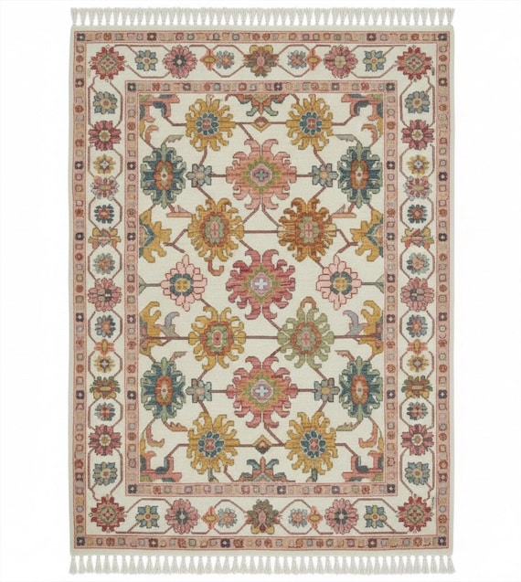 Cream Multicolor Floral Tukish Knot Oushak Rug, Traditional Hand Knotted 4x6, 5x8, 6x9, 7x10 9x12, 8x10 Living Room Rug, Bedroom Area Rug