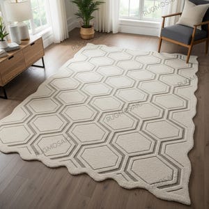 Modern Geometric Soft Beige Grey Scalloped Edge Hand Tufted 8x10 Bedroom Rugs, Handmade Hexagonal Pattern 6x9 Wool Area Rug for Living Room