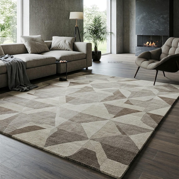 Beige, Brown, Grey accent Hand Tufted Rug Geometric mosaic pattern Abstract Handmade Area Wool Rugs 8x10, 9x12, 10x14 Living room, Bedroom
