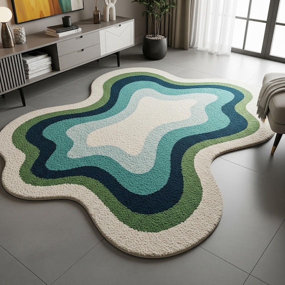 Hand-Tufted Wool Area Rug, Irregular Abstract Green Blue, Mid-Century Modern