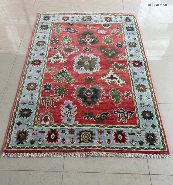 Oushak Rug Hand Knotted Maroon with Blue Border Turkish Area Rug | Traditional rug 6x9, 8X10 9X12 living room