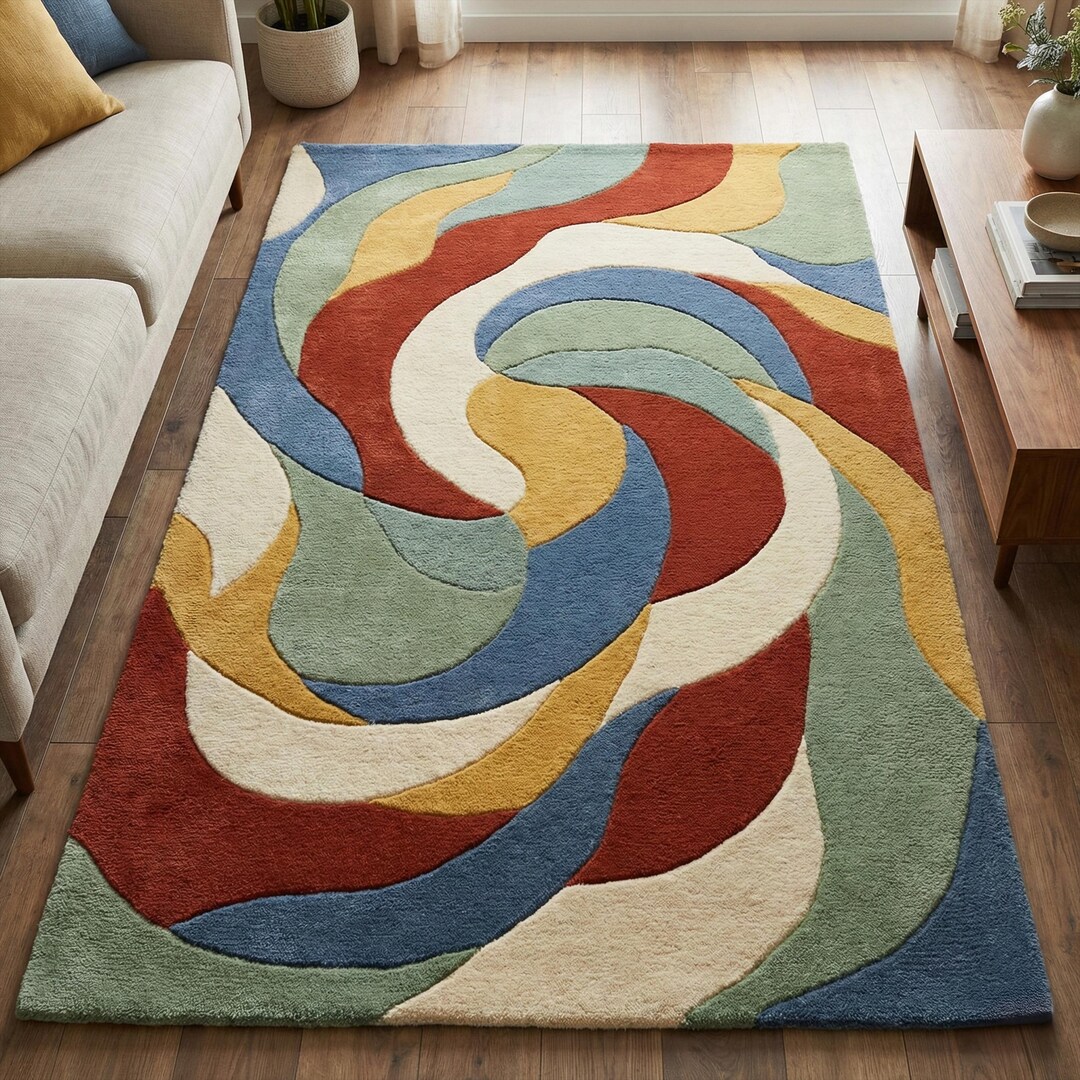 Colorful Abstract Hand Tufted Wool Rug, Mid Century Modern Area Rugs ...