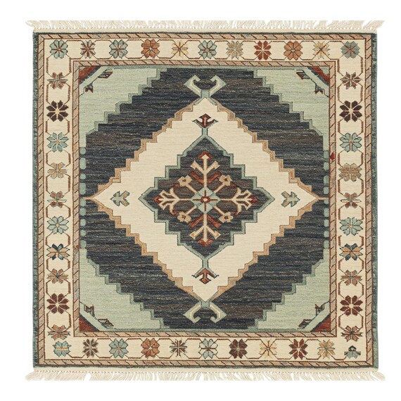 Hand-Knotted Modern Oushak Rug Cream & Green Muted Jewel Tone Oushak Floral Bordered Diamond Rug Living room 8x10 Bedroom Turkish Carpet
