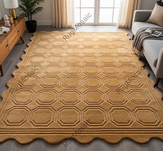Geometric Light Beige Off White Wavy Scalloped Border Hand Tufted Wool Rugs For Living Room, Modern 8x10 9x12 Bedroom Kids Room Carpet
