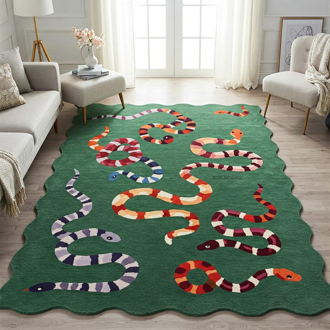 Green Colorful Snake Tufted Wool Rug, Modern Scalloped Area Rugs for ...