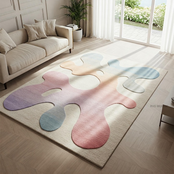 Neutral Cream Pastel Colors Hand Tufted Rug Cloud Shape Modern Handmade Abstract Area Rug 5x7, 5x8, 6x9, 8x10, 9x12 Living Room Rug Bedroom