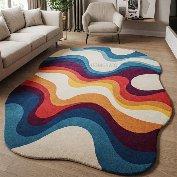 Multicolored Irregular Abstract Wavy Hand Tufted Amoeba Shape Kids Room Rugs 6x9, Modern Colorful Custom Area Wool 5x8 8x10 Living Room Rug