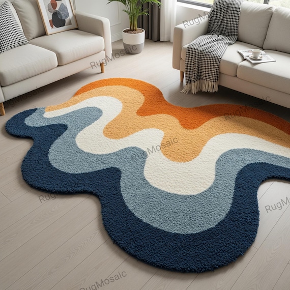 Navy Blue White Orange Wavy Layered Irregular Hand Tufted Wool Rugs For Living Room, Modern Abstract 8x10 Bedroom Carpet, Organic Shape Rug