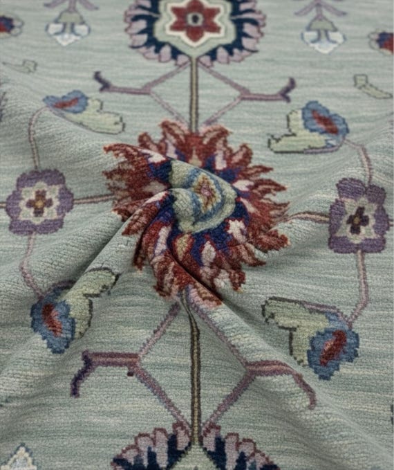 Soft Mint Green Floral Oushak Rug 8x10, Hand Knotted Colorful Oriental Wool Bedroom Rugs
