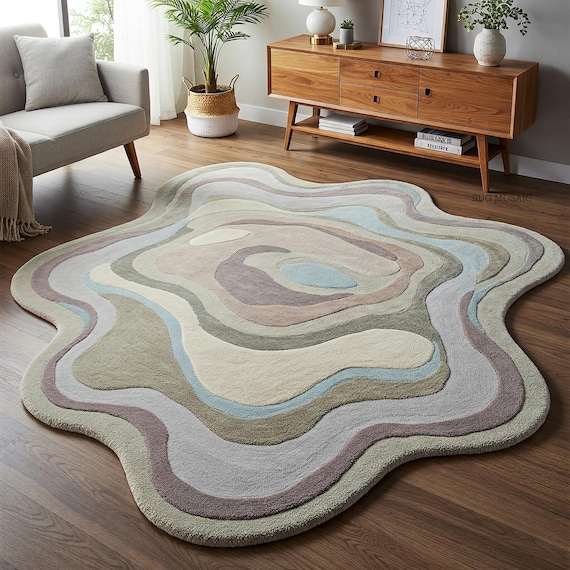 Irregular Hand tufted rug Ocean inspired blue, green, beige Abstract wool rug 4x6, 5x7, 6x9, 8x10, 9x12 area rugs for Living room, Kids room