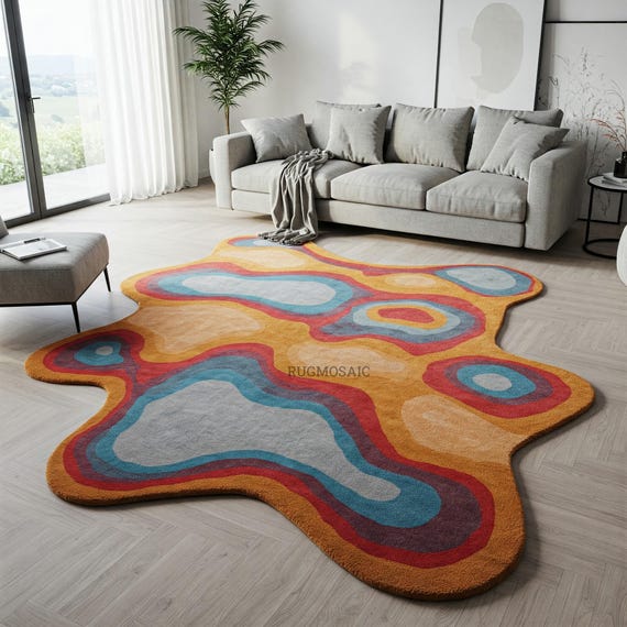 Abstract Hand Tufted Blue Grey Red Orange Irregular Amoeba Shape Custom Wool Rug for Kids Room, Modern Art Contemporary 8x10 Living Room Rug