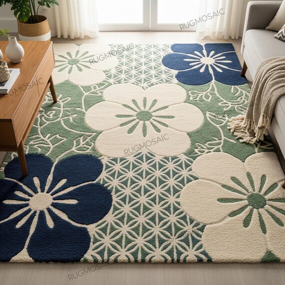 Off White Blue Hand Tufted Floral Rug, Green Geometric Wool Rugs for Bedroom, 8x10 Modern Living Room Rugs, Handmade Flower Custom Area Rug