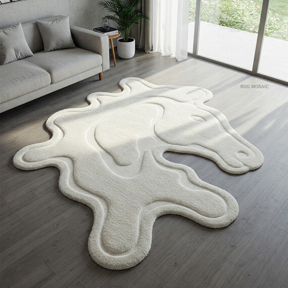 White Horse Head Irregular Tufted Rug for Living room, Silhouette Stallion Rug Handmade Area Rugs 5x7, 6x9, 8x10, 9x12 Animal Rug Kids