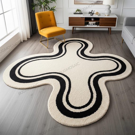 Irregular Ivory Black Wavy Abstract Design Hand Tufted Bedroom Wool Rugs, Modern Amoeba Shape Medium Pile 6x9 Area Rug for Living Room