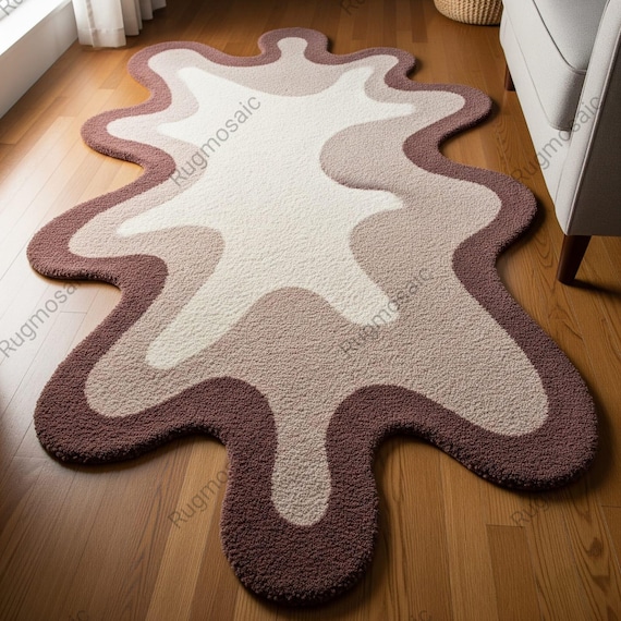 Brown Beige Off White Irregular Abstract Hand Tufted Amoeba Shape Wool Area Rugs for Living Room, Modern Artistic Organic Design Nursery Rug