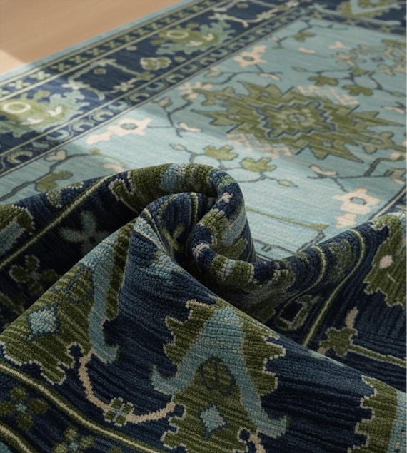Light Navy Blue Oushak Wool Rugs, Hand Knotted Floral Medallion 8x10 Living Room Rug, Traditional Green Accent Low Pile Bedroom Area Carpet