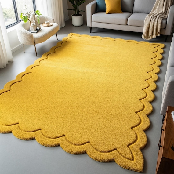 Solid Mustard Yellow Scalloped Hand Tufted Rug For Bedroom, Handmade 8x10 Living Room Rug, Custom Kitchen Runner Wool Rug, Dining Area Rug