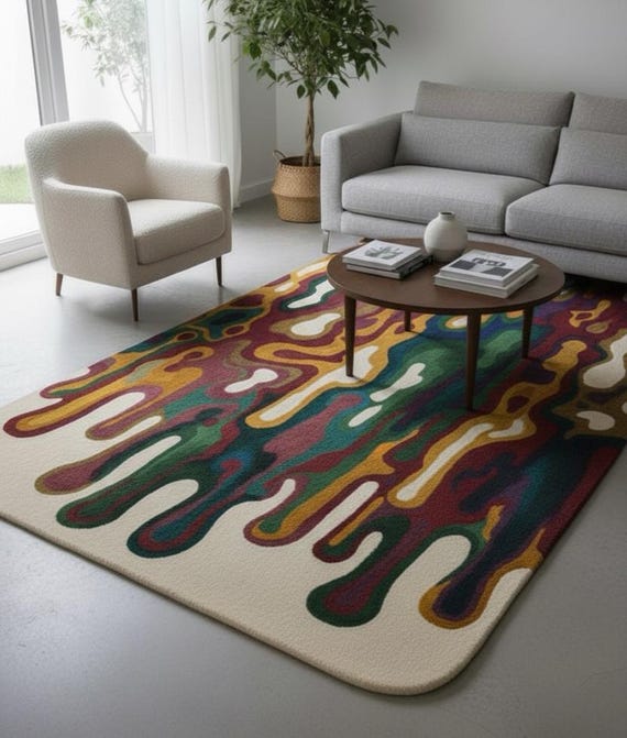 Colorful Hand Tufted Abstract Melting Rug, Modern Drip Wool Area Rugs for Living Room