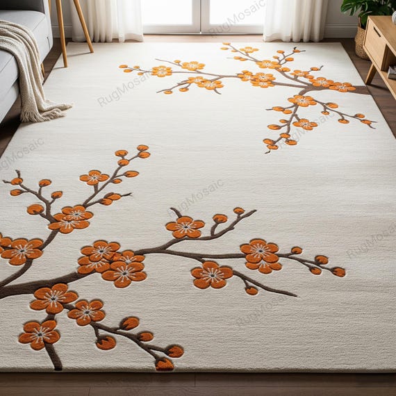 Ivory Hand Tufted Wool Rugs, Orange Cherry Blossom Rugs For Living Room, 8x10 Modern Minimalist Bedroom Carpet, Custom Soft Nursery Rug
