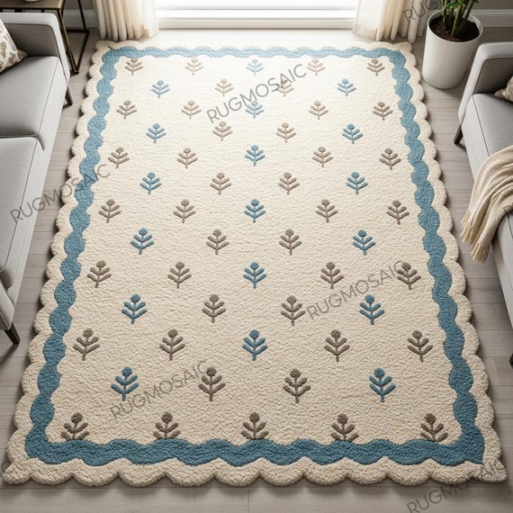 Off White Scalloped Hand Tufted Rug, Blue Brown Botanical Wool Rugs for Bedroom, Modern Leaf Design Custom Area Rugs, Living Room Carpet