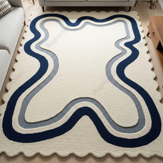Off White Grey Blue Abstract Hand Tufted Scallop Border Wool Rugs for Bedroom, Modern Wavy Edge Artistic Living Room Rug, Statement Carpets