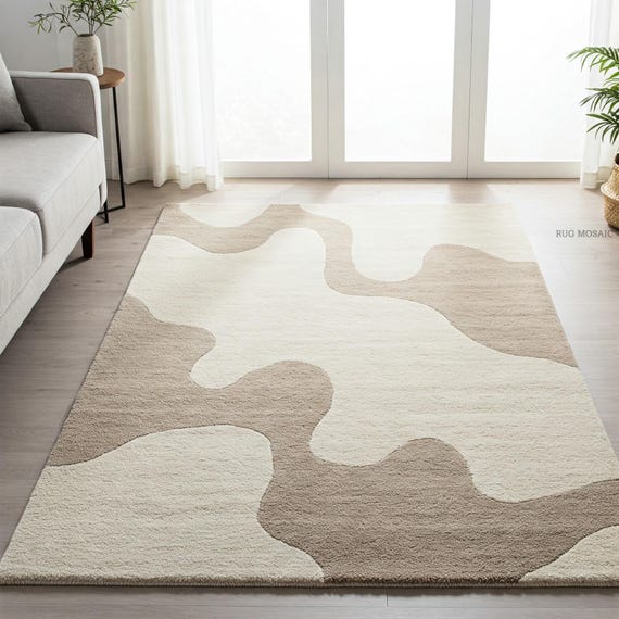 Light Brown and White Modern Abstract Camouflage Rug Large Hand Tufted Wool Rug for Living Room 8x10 Handmade Luxurious High Pile Flow Rug