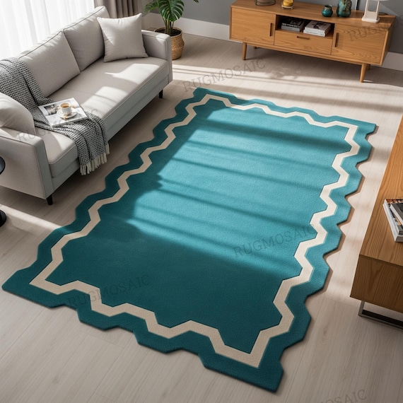 Teal Modern Geometric Wavy Border Hand Tufted Custom Wool Rugs for Living Room, Unique Handmade White Accent 6x9 8x10 9x12 Area Rugs Bedroom
