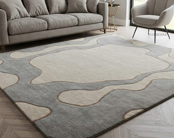 Alfombra abstracta de lana gris marfil, moderna alfombra tejida a mano para sala de estar.