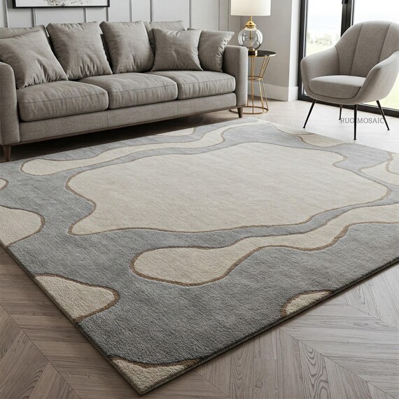 Neutral Beige and Grey Hand Tufted Rug, Modern Soft Abstract Area Rug for Living room Handmade Custom Wool Rugs 8x10, 9x12 Contemporary Rug