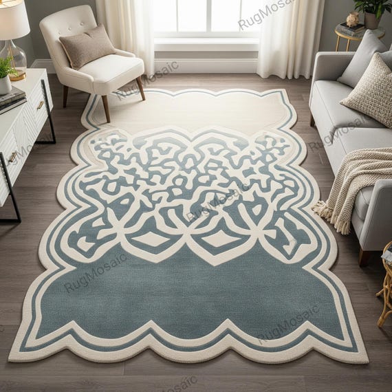 Off White Dusty Blue Irregular Abstract Hand Tufted Wool Rugs For Living Room, Modern Textured 8x10 Bedroom Area Rug, Custom Tuft Carpet