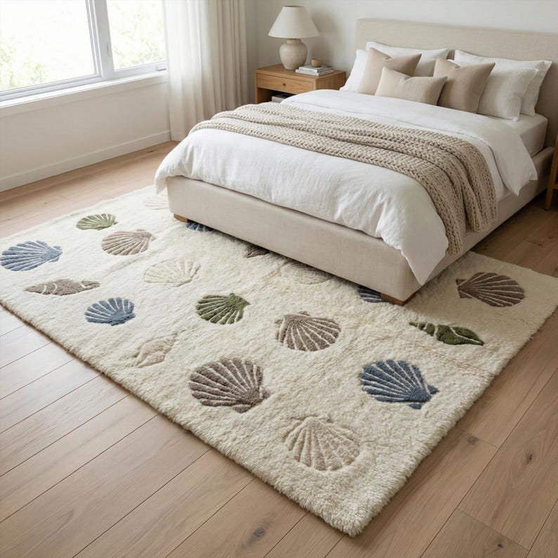 Seashell Oval Rug Ivory Seashell Wool Area Rug, Abstract Hand Tufted Ocean Inspired Rugs ...