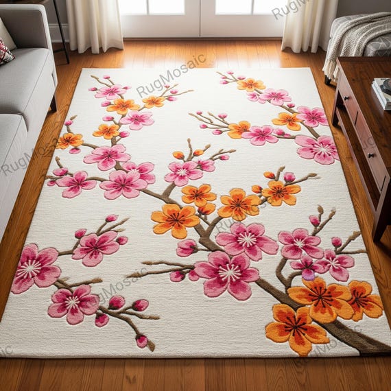 White Cherry Blossom Hand Tufted Wool Rugs, Orange Floral Rug For Living Room 8x10, Modern Minimalist Bedroom Carpet, Custom Nursery Rugs