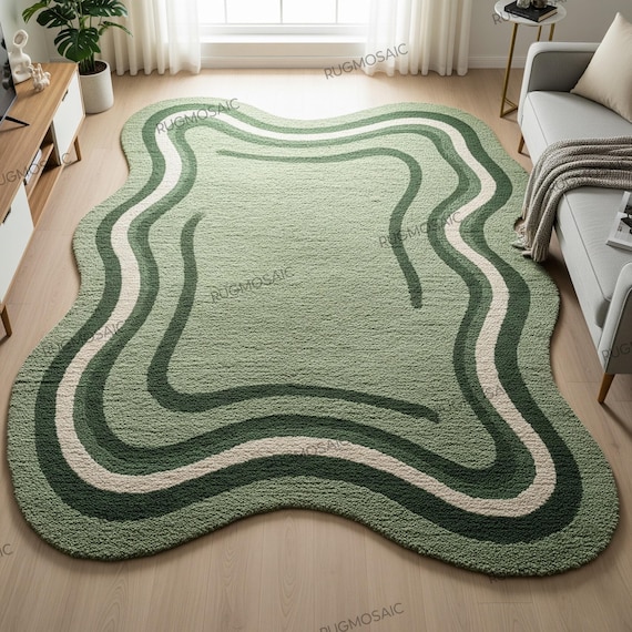 Sage Green Off White Irregular Wavy Hand Tufted Wool Rugs for Bedroom, Modern Abstract Organic Shaped Layered Textured Living Room Area Rug