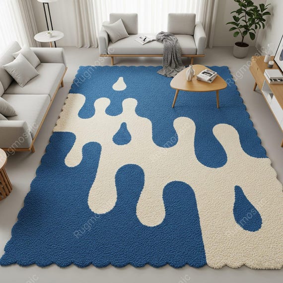 Blue Off White Abstract Hand Tufted Scalloped Edge Natural Wool Area Rugs for Kids Room, Modern Eco Friendly Organic Design Living Room Rug