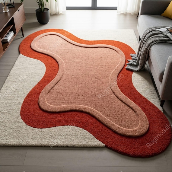 Burnt Orange Beige Off White Irregular Abstract Hand Tufted High Low Pile Rugs for Kids Room, Modern Textured Organic Shape Living Room Rug