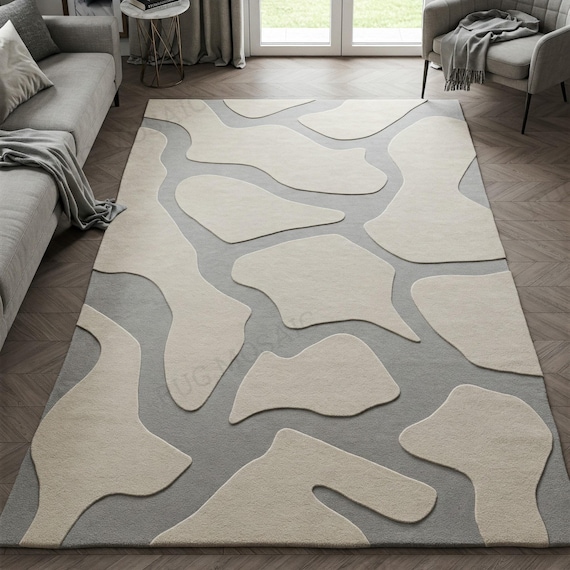 Light Beige Grey Modern Hand Tufted Low High Texture Custom Area Rug for Living Room, Abstract 6x9 8x10 9x12 Wool Rugs for Bedroom Kids Room