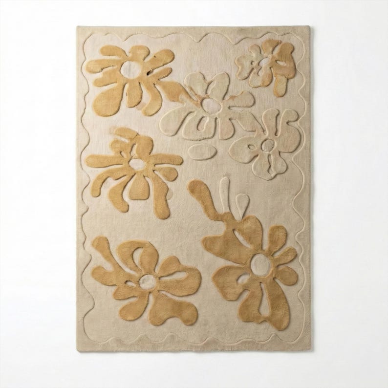 Beige Yellow Floral Tufted Wool Rug, Modern Wavy Area Rugs for Living ...