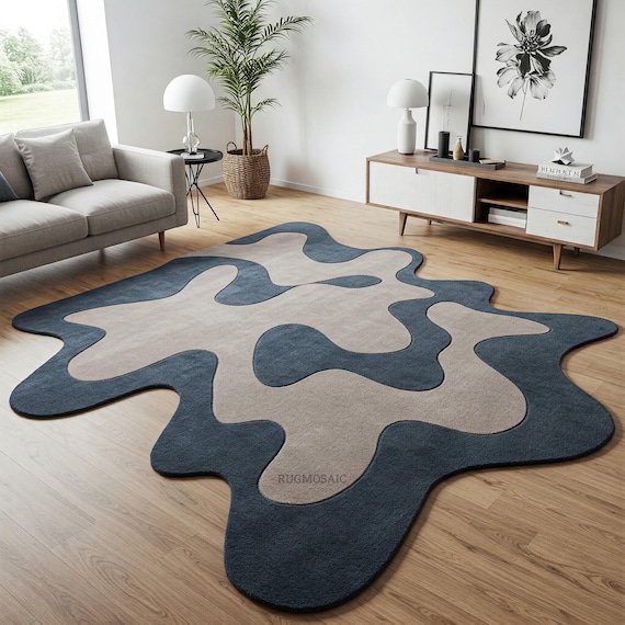 Irregular Deep Blue Warm Beige Abstract Hand Tufted Melting Design Wool Area Rug for Kids Room, Modern Contemporary Organic 8x10 Bedroom Rug