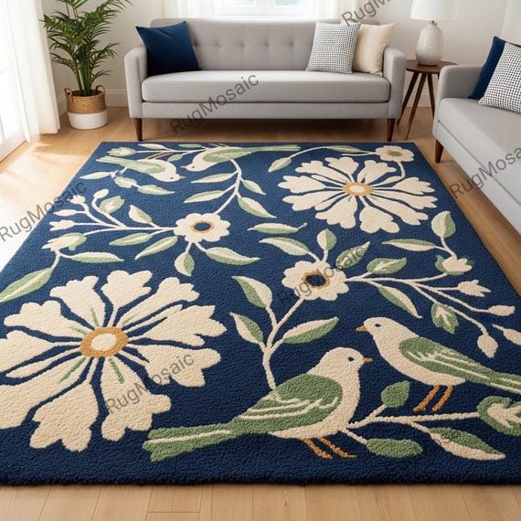 Navy Blue Cream Hand Tufted Floral Wool Rug, Modern Botanical Bird Design Indoor Area Rugs for Bedroom, Handmade Soft Flower Living Room Rug