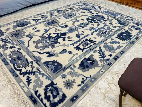 Handmade Modern Turkish Oushak Rug White off, Blue Hand Knotted Area Wool Rugs For Living Room, Bedroom 8x10, 9x12, 10x14 Custom Large Rug